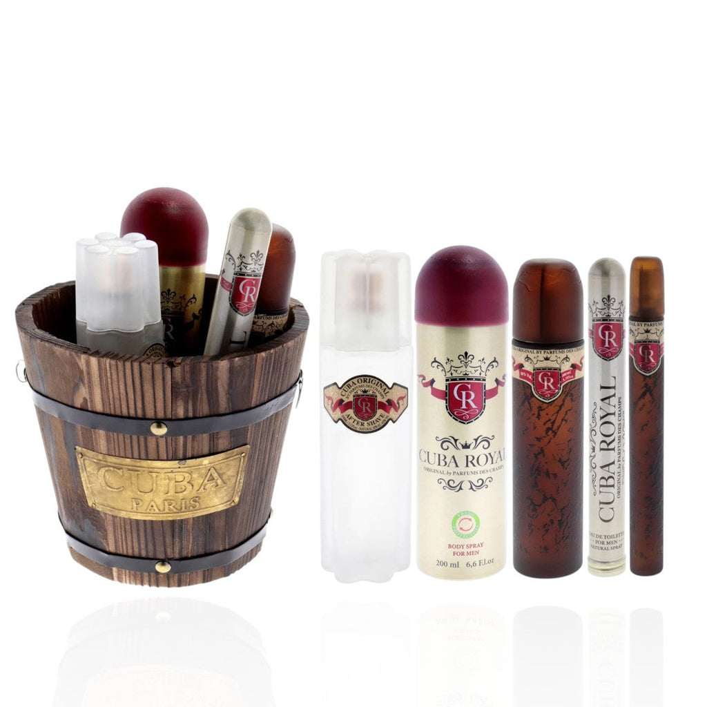 Cuba Royal от Cuban за мъже - подаръчен комплект от 4 части 3.3oz EDT спрей, 1.17oz EDT спрей, 6.6oz спрей за тяло, 3.3oz лосион за след бръснене, кофичка