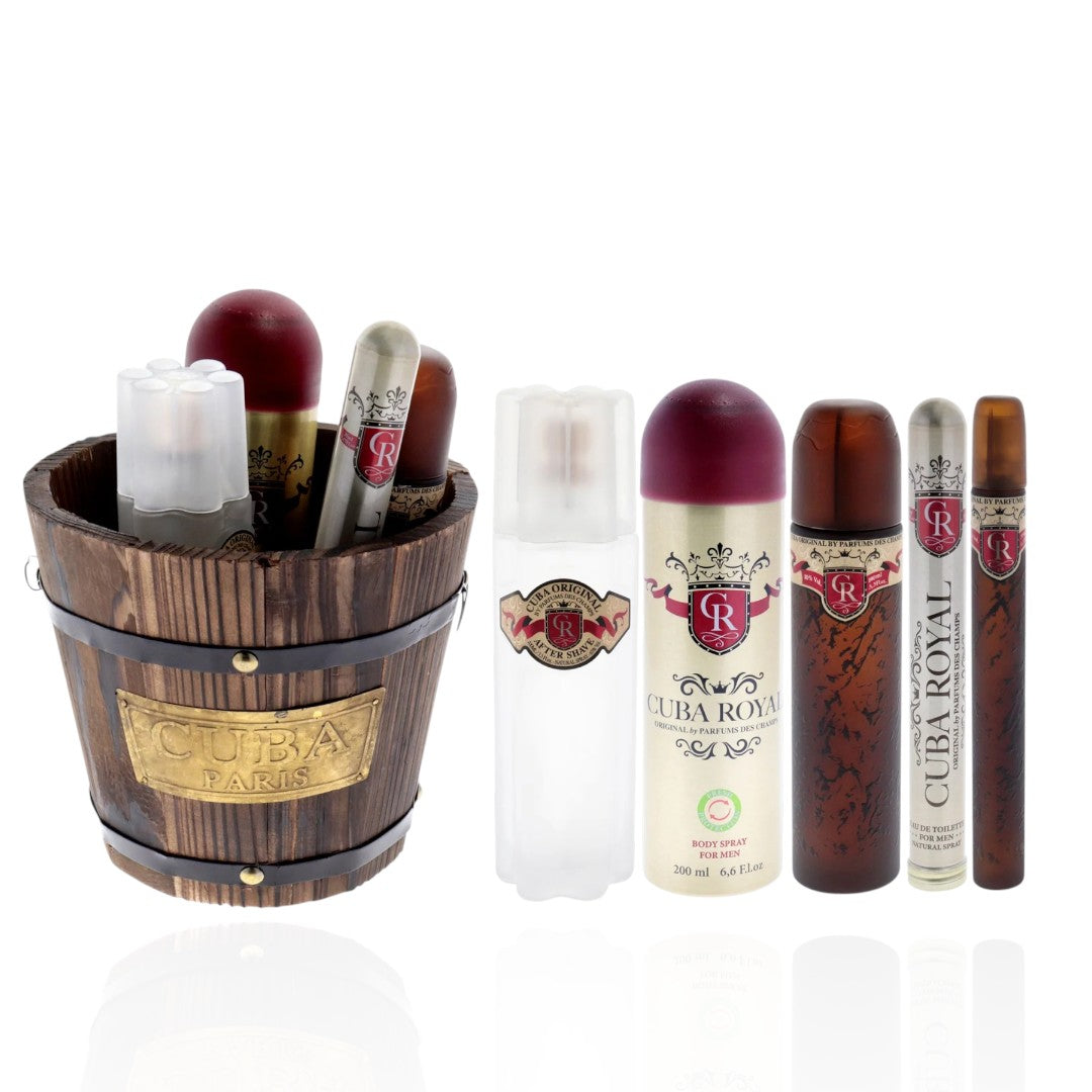 Cuba Royal от Cuban за мъже - подаръчен комплект от 4 части 3.3oz EDT спрей, 1.17oz EDT спрей, 6.6oz спрей за тяло, 3.3oz лосион за след бръснене, кофичка
